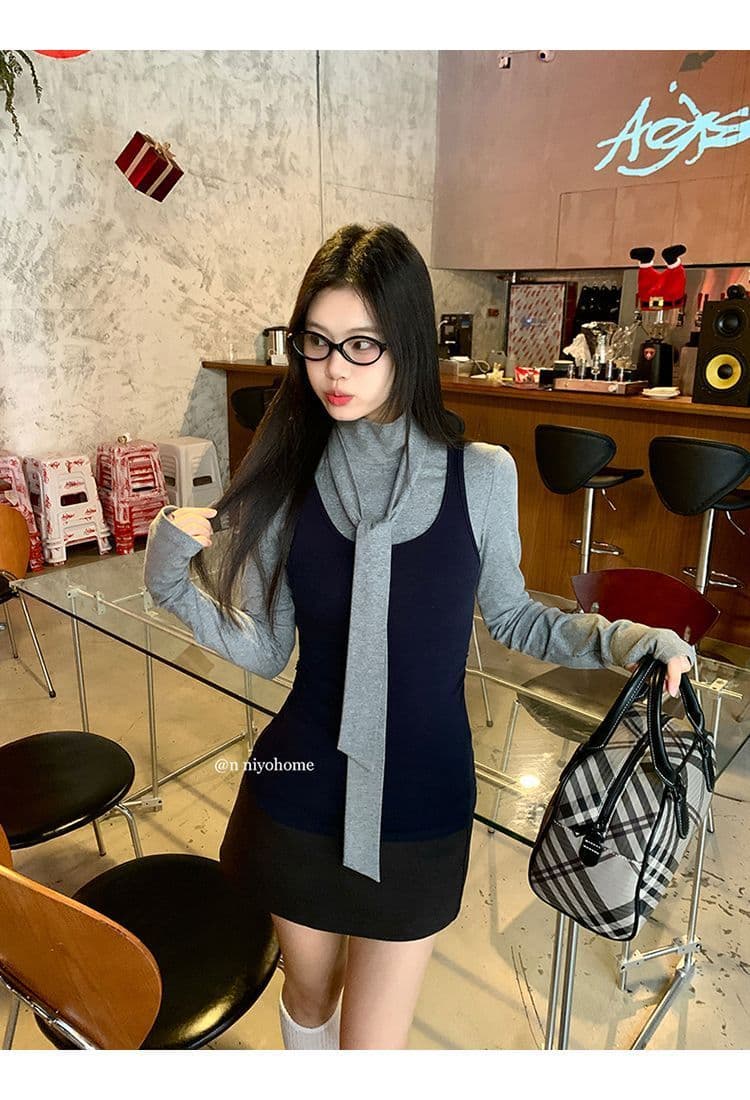 한 부서 회색 터틀넥 긴팔 티셔츠 여성 가을 겨울철 인사이드 가져 가라. 몸매 가꾸기 기본 셔츠 맨위 조끼 스택 착용 투피스 세트 상세 이미지 6