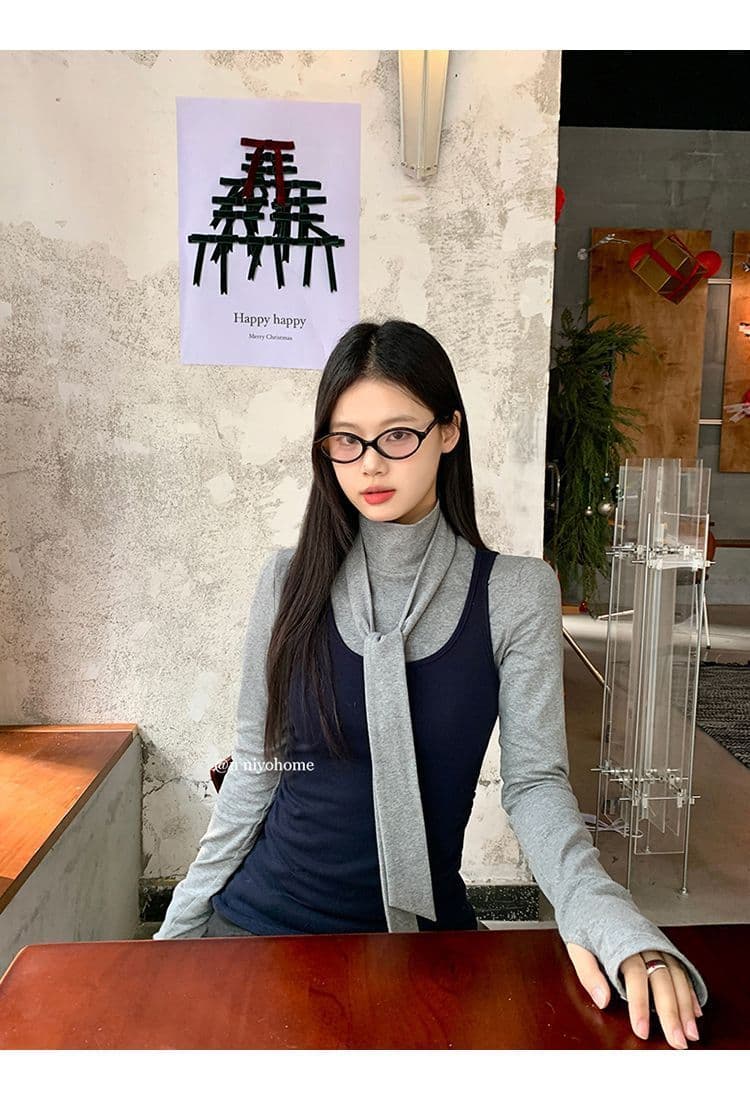한 부서 회색 터틀넥 긴팔 티셔츠 여성 가을 겨울철 인사이드 가져 가라. 몸매 가꾸기 기본 셔츠 맨위 조끼 스택 착용 투피스 세트 상세 이미지 7