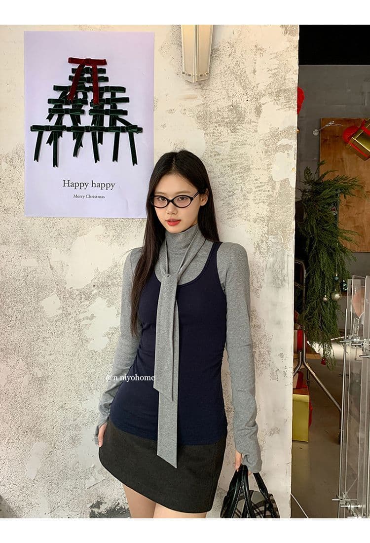 한 부서 회색 터틀넥 긴팔 티셔츠 여성 가을 겨울철 인사이드 가져 가라. 몸매 가꾸기 기본 셔츠 맨위 조끼 스택 착용 투피스 세트 상세 이미지 10
