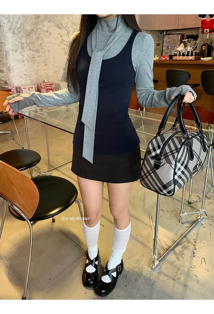 한 부서 회색 터틀넥 긴팔 티셔츠 여성 가을 겨울철 인사이드 가져 가라. 몸매 가꾸기 기본 셔츠 맨위 조끼 스택 착용 투피스 세트 상세 이미지 11