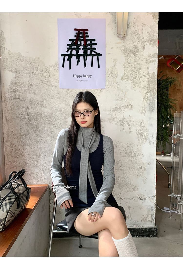 한 부서 회색 터틀넥 긴팔 티셔츠 여성 가을 겨울철 인사이드 가져 가라. 몸매 가꾸기 기본 셔츠 맨위 조끼 스택 착용 투피스 세트 상세 이미지 12