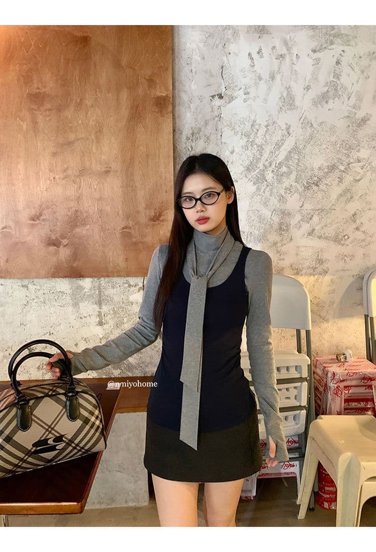 한 부서 회색 터틀넥 긴팔 티셔츠 여성 가을 겨울철 인사이드 가져 가라. 몸매 가꾸기 기본 셔츠 맨위 조끼 스택 착용 투피스 세트 상세 이미지 13