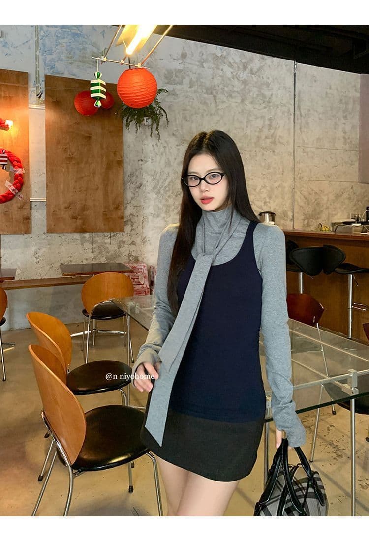 한 부서 회색 터틀넥 긴팔 티셔츠 여성 가을 겨울철 인사이드 가져 가라. 몸매 가꾸기 기본 셔츠 맨위 조끼 스택 착용 투피스 세트 상세 이미지 14