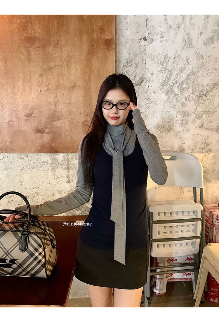 한 부서 회색 터틀넥 긴팔 티셔츠 여성 가을 겨울철 인사이드 가져 가라. 몸매 가꾸기 기본 셔츠 맨위 조끼 스택 착용 투피스 세트 상세 이미지 15