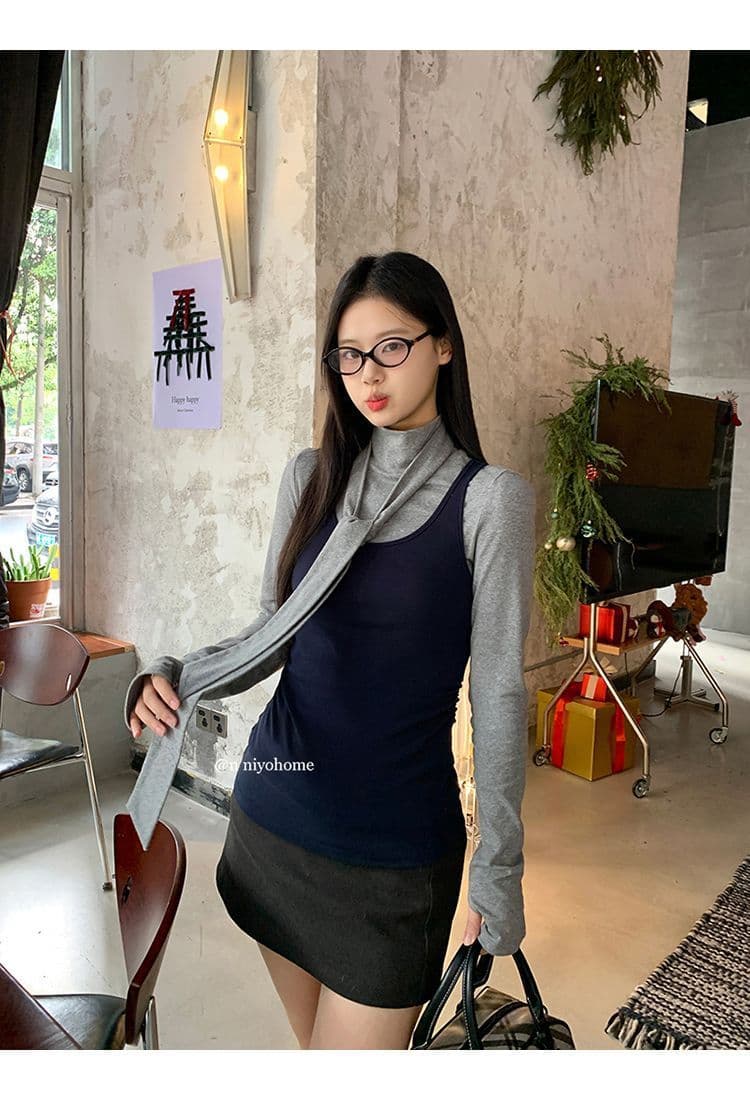 한 부서 회색 터틀넥 긴팔 티셔츠 여성 가을 겨울철 인사이드 가져 가라. 몸매 가꾸기 기본 셔츠 맨위 조끼 스택 착용 투피스 세트 상세 이미지 16