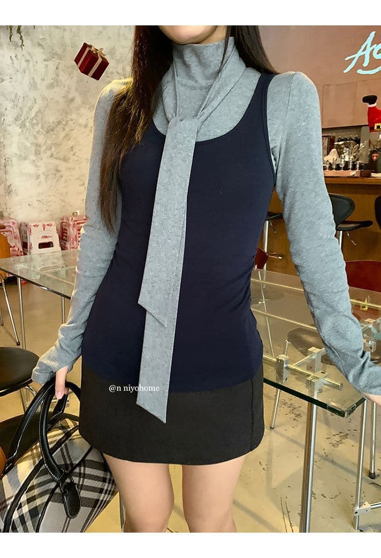 한 부서 회색 터틀넥 긴팔 티셔츠 여성 가을 겨울철 인사이드 가져 가라. 몸매 가꾸기 기본 셔츠 맨위 조끼 스택 착용 투피스 세트 상세 이미지 17
