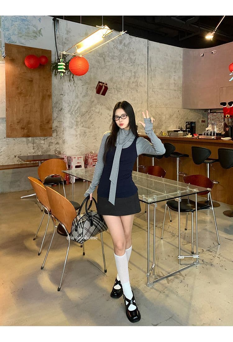 한 부서 회색 터틀넥 긴팔 티셔츠 여성 가을 겨울철 인사이드 가져 가라. 몸매 가꾸기 기본 셔츠 맨위 조끼 스택 착용 투피스 세트 상세 이미지 18