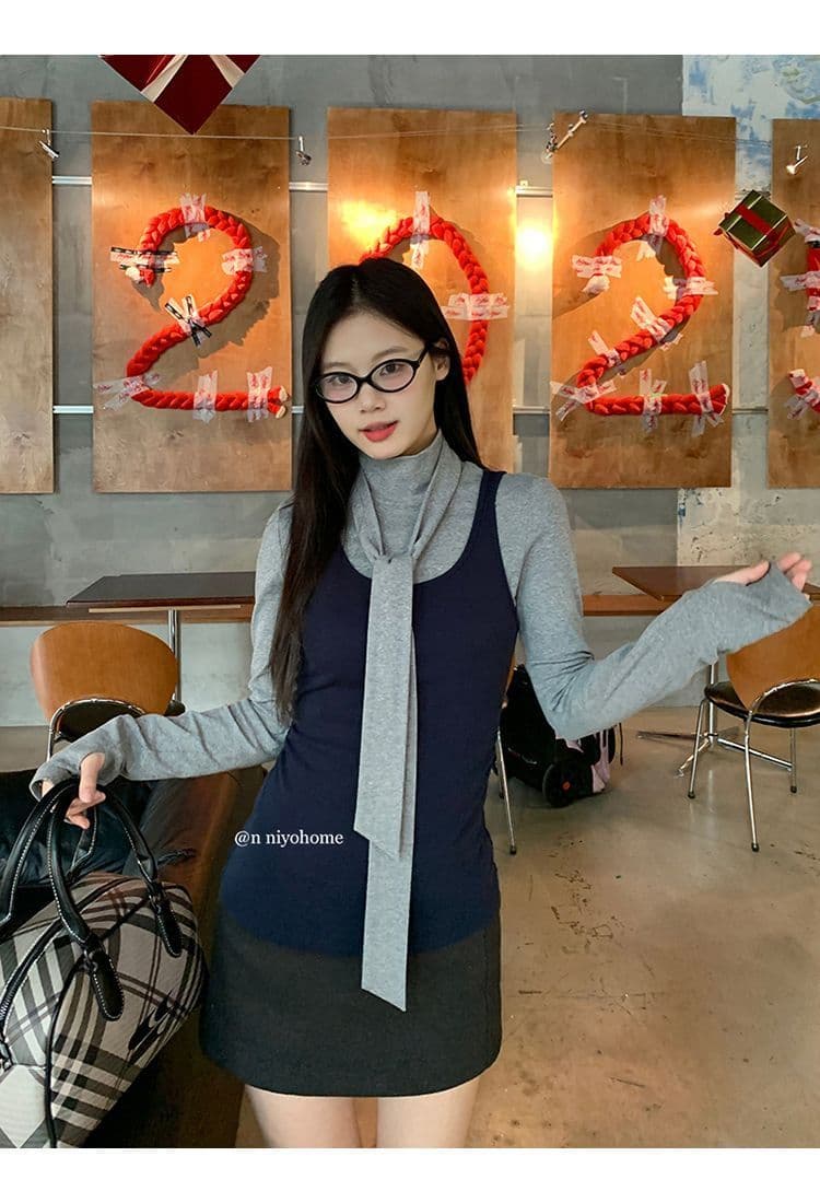한 부서 회색 터틀넥 긴팔 티셔츠 여성 가을 겨울철 인사이드 가져 가라. 몸매 가꾸기 기본 셔츠 맨위 조끼 스택 착용 투피스 세트 상세 이미지 19