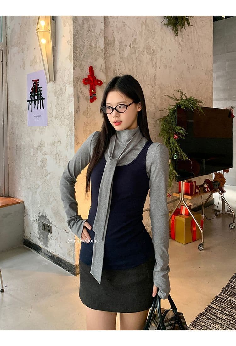 한 부서 회색 터틀넥 긴팔 티셔츠 여성 가을 겨울철 인사이드 가져 가라. 몸매 가꾸기 기본 셔츠 맨위 조끼 스택 착용 투피스 세트 상세 이미지 20