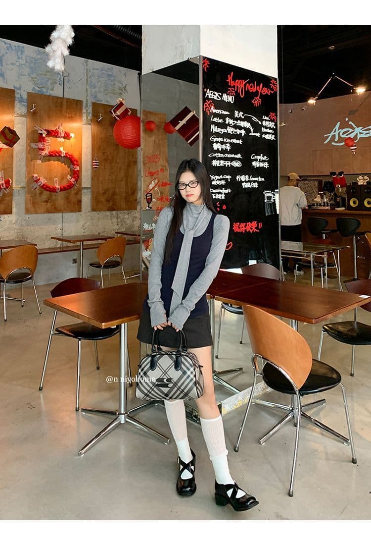 한 부서 회색 터틀넥 긴팔 티셔츠 여성 가을 겨울철 인사이드 가져 가라. 몸매 가꾸기 기본 셔츠 맨위 조끼 스택 착용 투피스 세트 상세 이미지 22