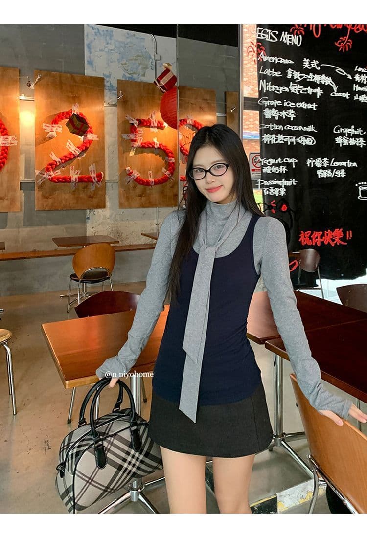 한 부서 회색 터틀넥 긴팔 티셔츠 여성 가을 겨울철 인사이드 가져 가라. 몸매 가꾸기 기본 셔츠 맨위 조끼 스택 착용 투피스 세트 상세 이미지 23