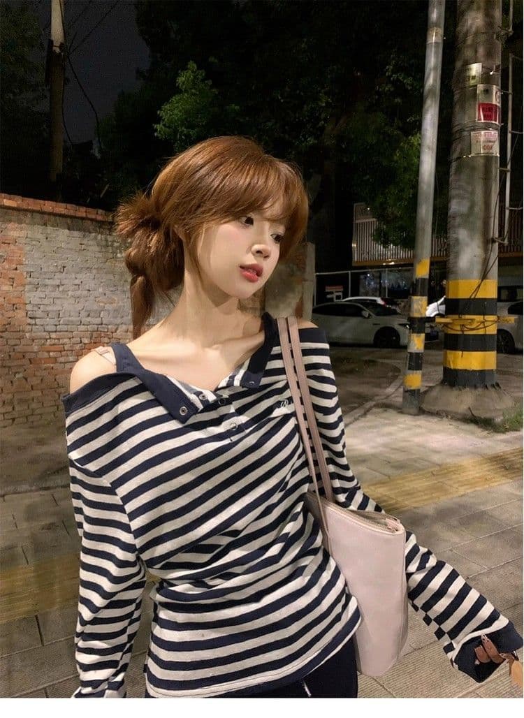 260 그램 차가운 실크 코튼 사람들 면 페이크 레이어드 스트라이프 오프숄더 긴팔 티셔츠 여성 조기 가을 디자인 오프숄더 맨위 상세 이미지 9