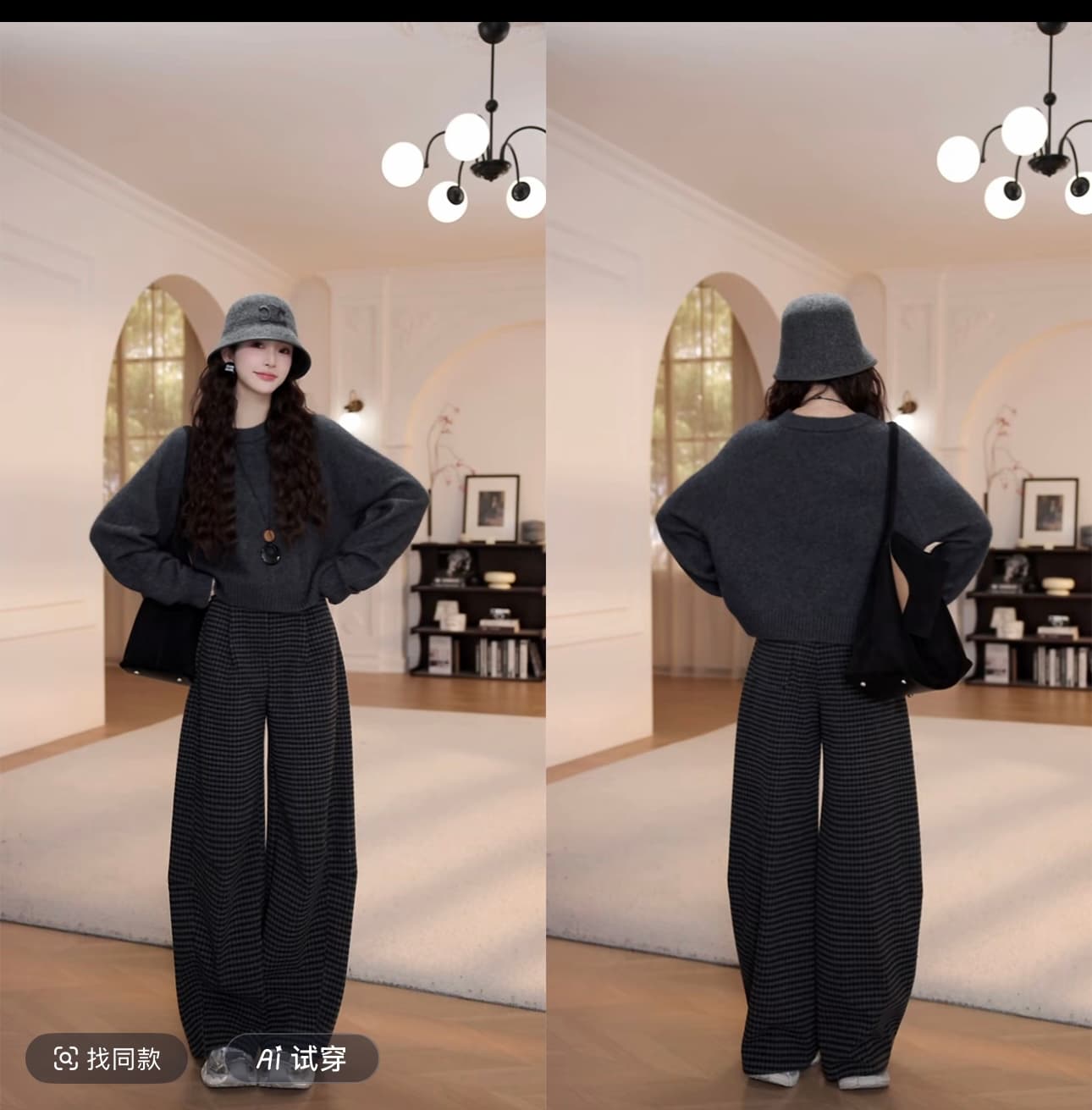 yanyan 어두운 회색 라운드 넥 풀오버 스웨터 여자 가을 겨울철 새로운 느긋한 바람 긴팔 니트 스웨터 바지