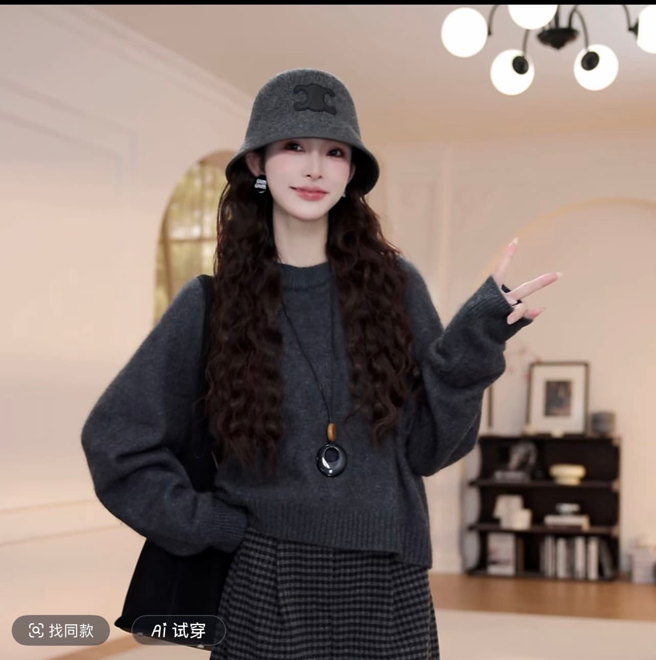 yanyan 어두운 회색 라운드 넥 풀오버 스웨터 여자 가을 겨울철 새로운 느긋한 바람 긴팔 니트 스웨터 바지 상세 이미지 3