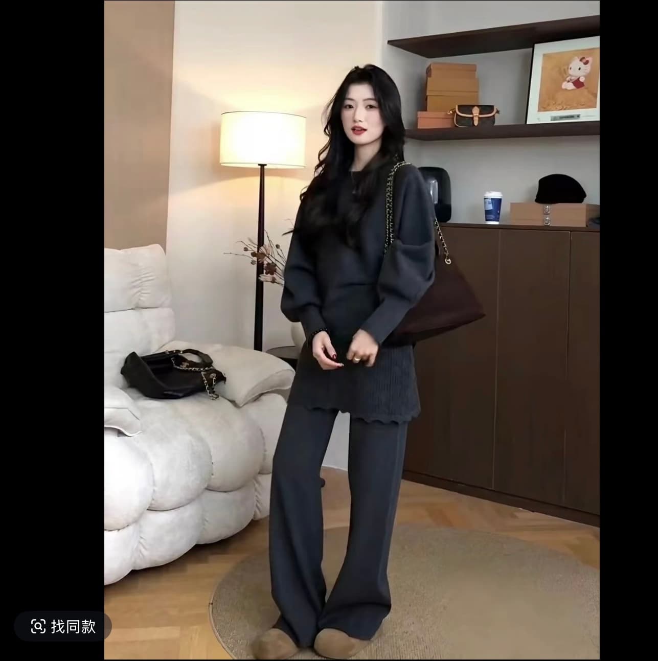 한 부서 품격 바람 배트윙 소매 라운드 넥 니트 스웨터 여성 봄 새로운 패션 다용도 캐주얼 바지 투피스 세트 이미지 2