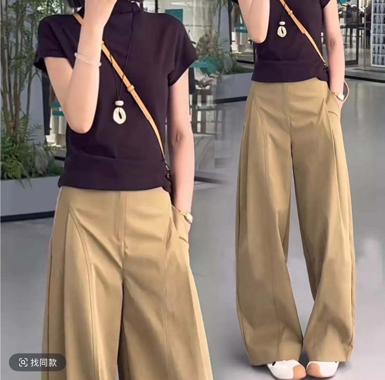 카키 색 모통이 칼 캐주얼 바지 여성 2026 가을 새로운 인터넷 유명인 배 모양 몸 표지 넓적 다리 슬림해 보이는 루즈핏 와이드 레그 팬츠 상세 이미지 1