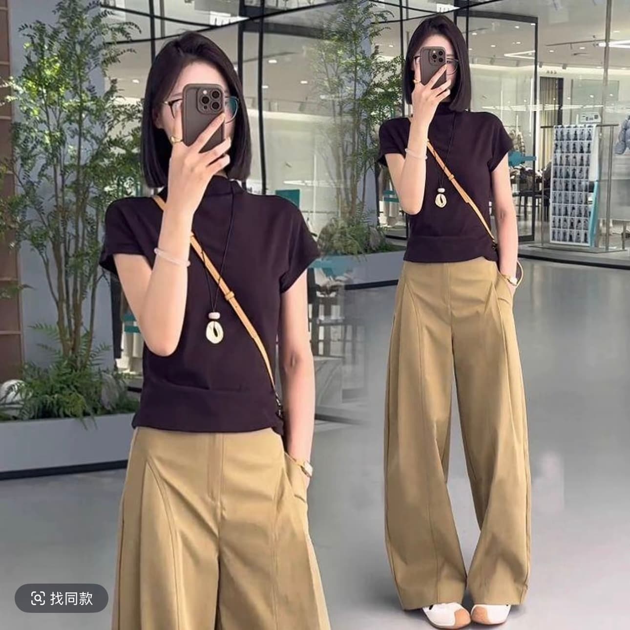 카키 색 모통이 칼 캐주얼 바지 여성 2026 가을 새로운 인터넷 유명인 배 모양 몸 표지 넓적 다리 슬림해 보이는 루즈핏 와이드 레그 팬츠 상세 이미지 2