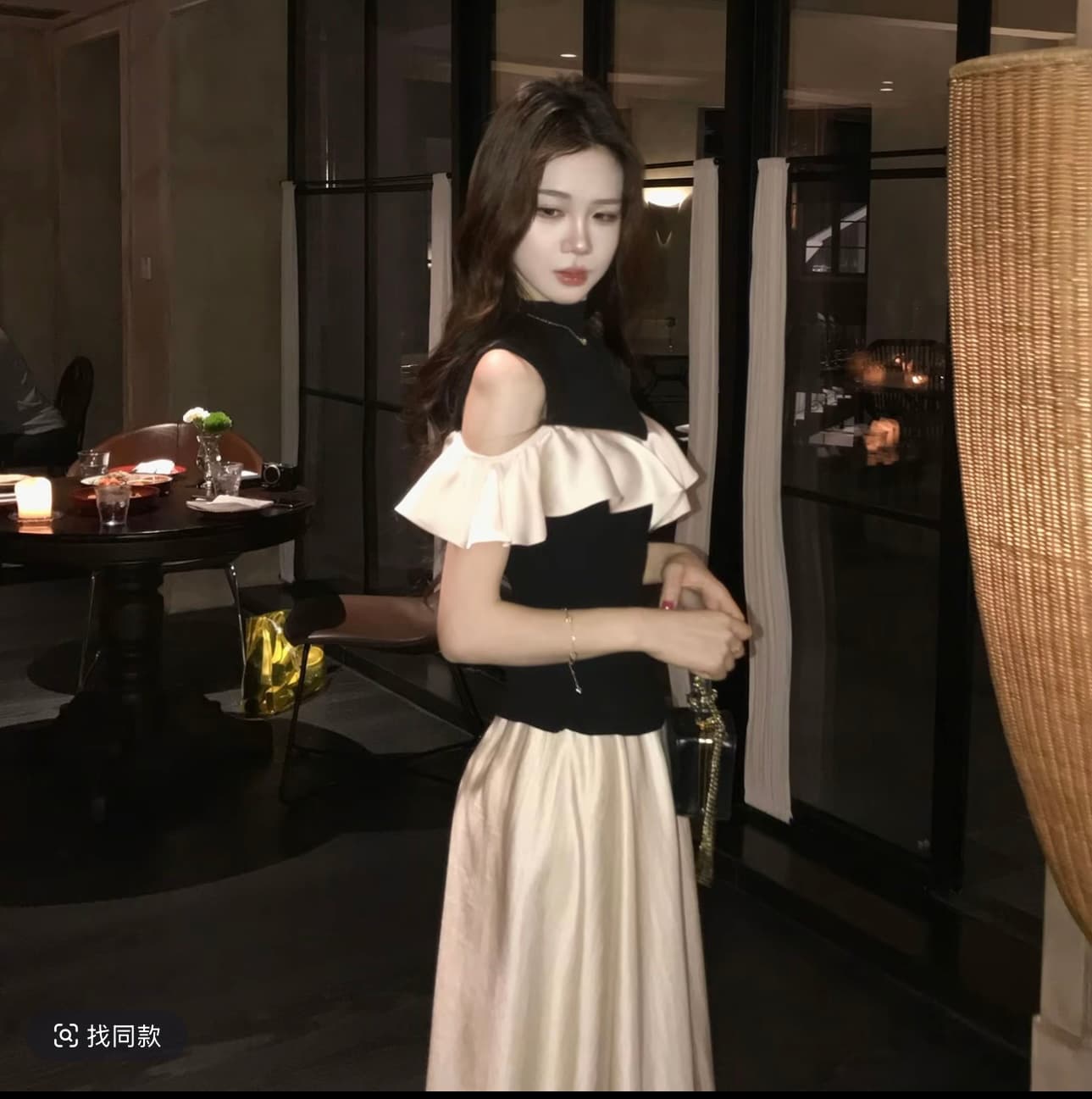 무쯔리 목자이 ~ 중 리 센스 배색 니트 싸움 연결 프릴 맨위 새틴 반신 스커트 여성 상세 이미지 2