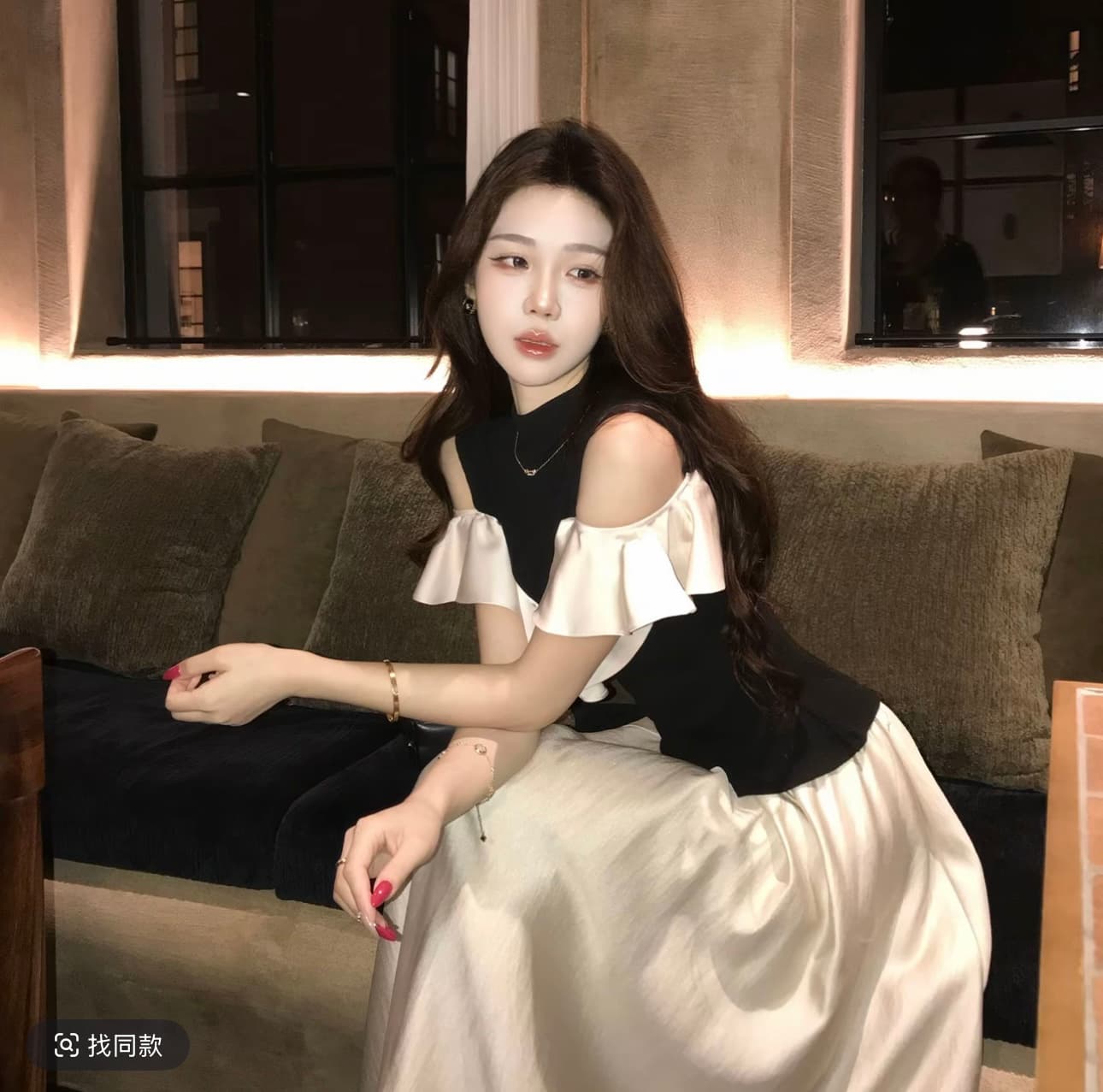 무쯔리 목자이 ~ 중 리 센스 배색 니트 싸움 연결 프릴 맨위 새틴 반신 스커트 여성 상세 이미지 4