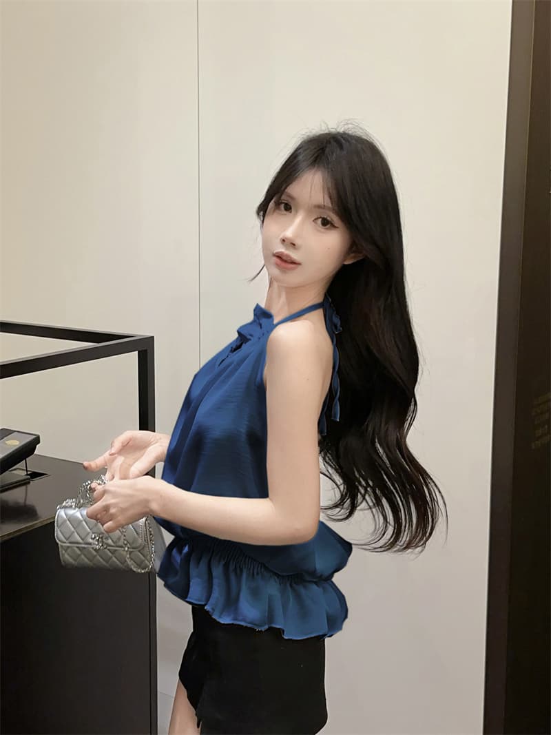 실사 정가 고급 센스 새틴 V넥 훈련 사슬 파란색 행침 목 조끼 몸매 가꾸기 맨위 여성 상세 이미지 2