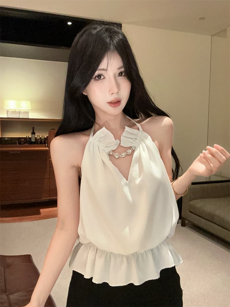 실사 정가 고급 센스 새틴 V넥 훈련 사슬 파란색 행침 목 조끼 몸매 가꾸기 맨위 여성 상세 이미지 4
