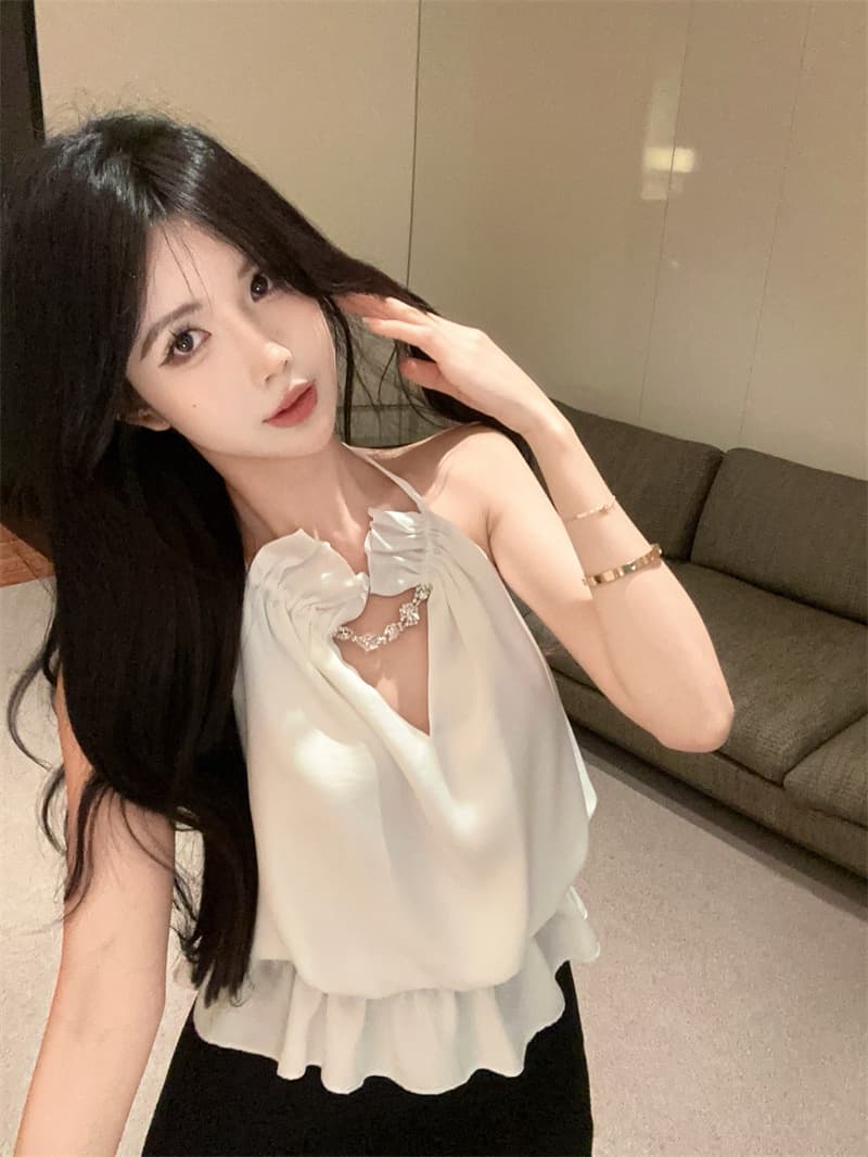 실사 정가 고급 센스 새틴 V넥 훈련 사슬 파란색 행침 목 조끼 몸매 가꾸기 맨위 여성 상세 이미지 10