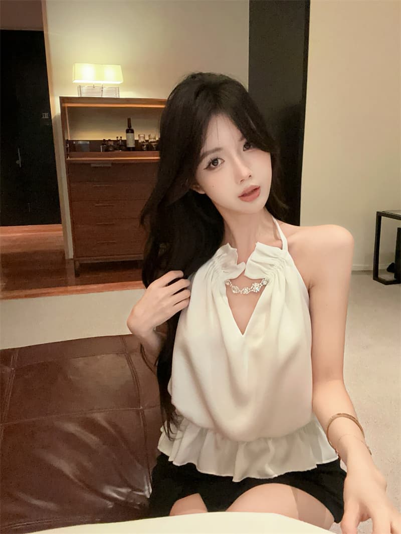 실사 정가 고급 센스 새틴 V넥 훈련 사슬 파란색 행침 목 조끼 몸매 가꾸기 맨위 여성 상세 이미지 12