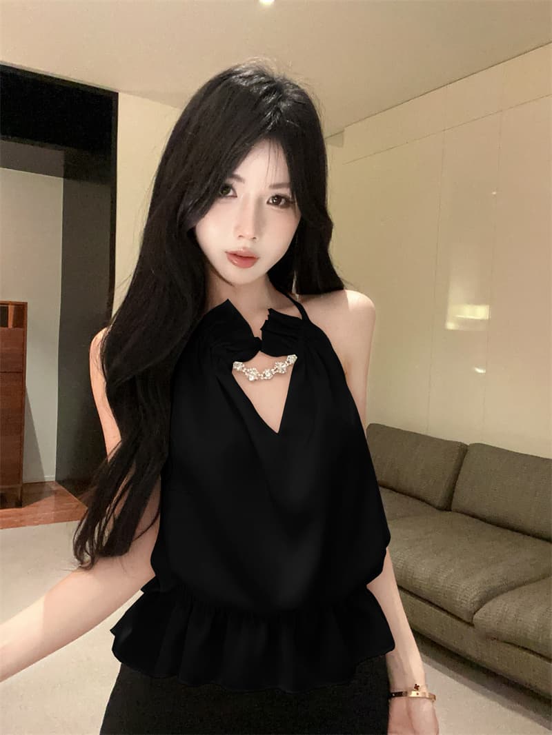 실사 정가 고급 센스 새틴 V넥 훈련 사슬 파란색 행침 목 조끼 몸매 가꾸기 맨위 여성 상세 이미지 20