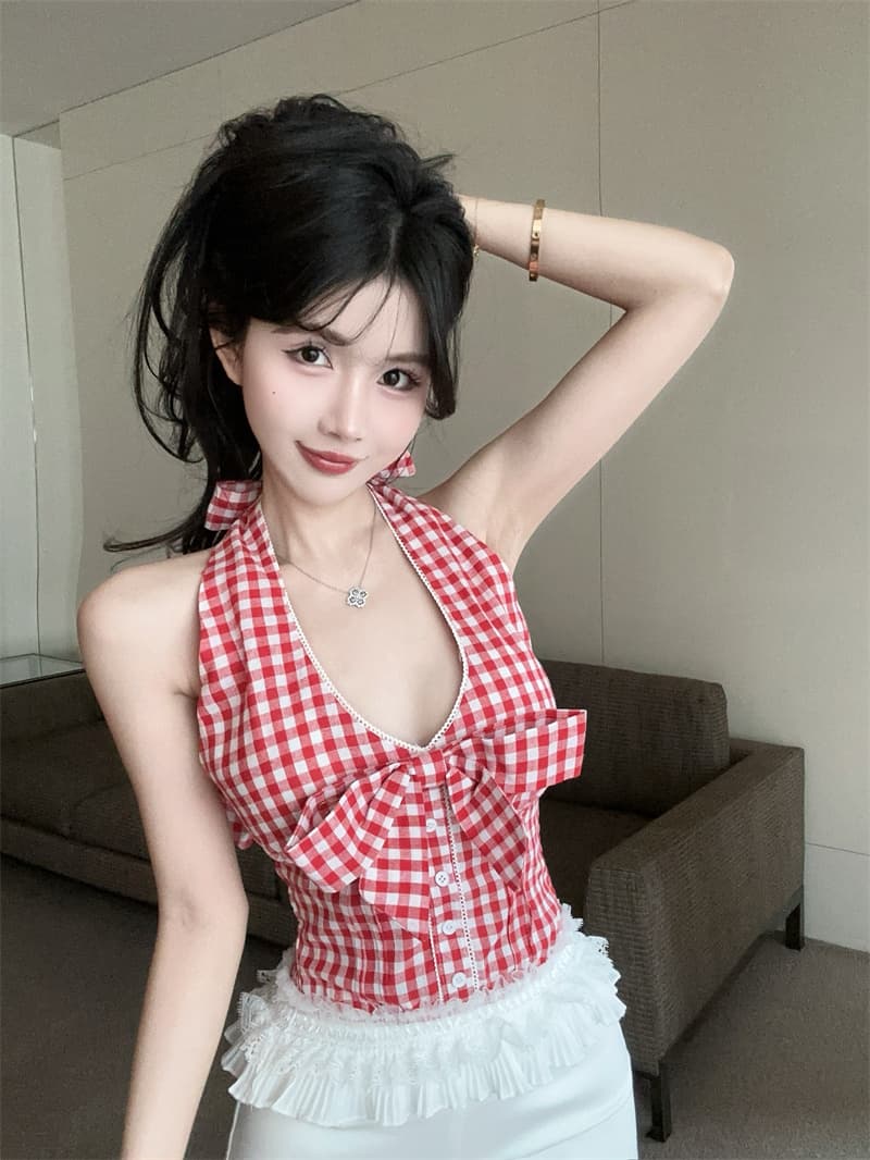 실사 정가 순수한 욕망 빨간색 체크무늬 나비 매듭 행침 목 시폰 셔츠 여성