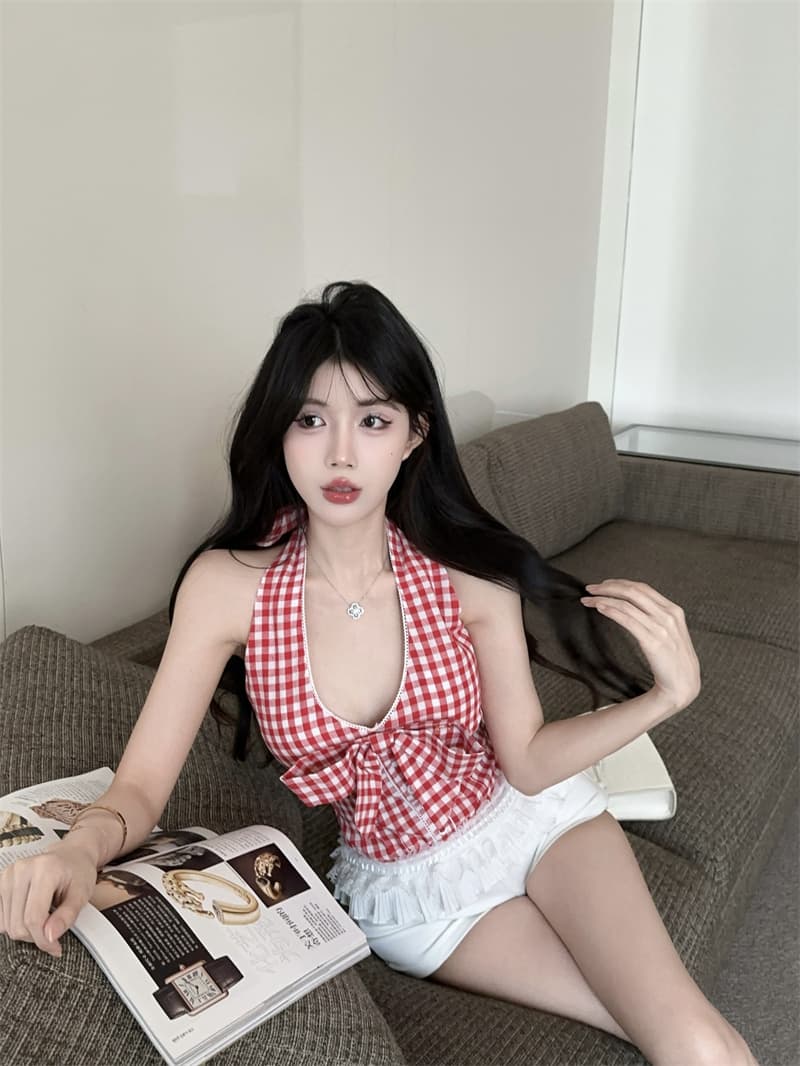 실사 정가 순수한 욕망 빨간색 체크무늬 나비 매듭 행침 목 시폰 셔츠 여성 상세 이미지 3