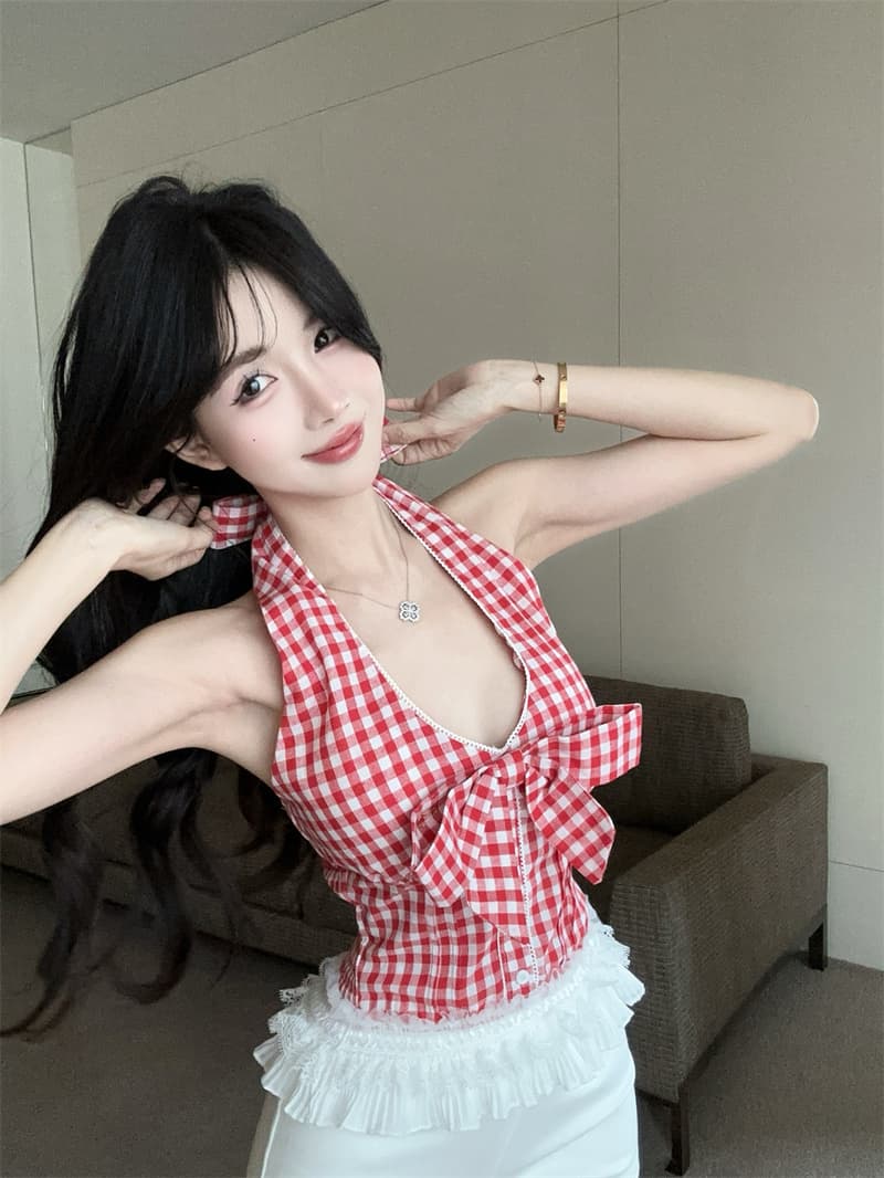 실사 정가 순수한 욕망 빨간색 체크무늬 나비 매듭 행침 목 시폰 셔츠 여성 상세 이미지 7