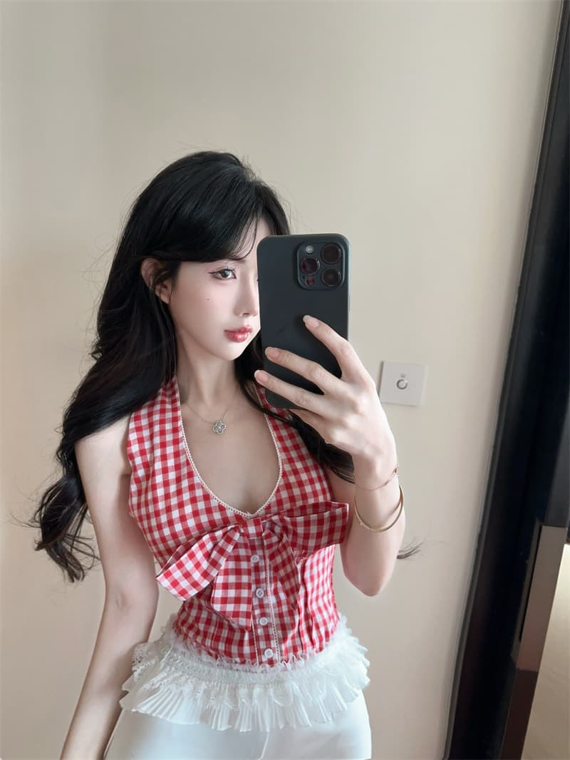 실사 정가 순수한 욕망 빨간색 체크무늬 나비 매듭 행침 목 시폰 셔츠 여성 상세 이미지 9