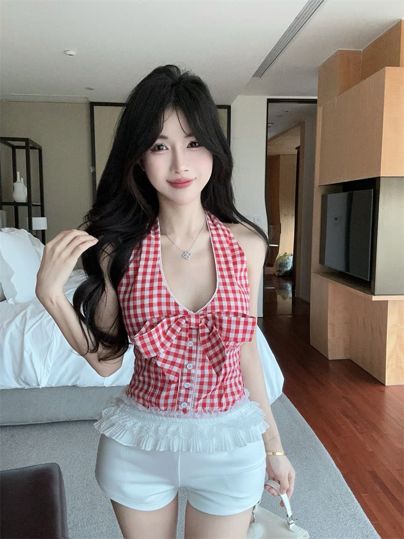 실사 정가 순수한 욕망 빨간색 체크무늬 나비 매듭 행침 목 시폰 셔츠 여성 상세 이미지 10