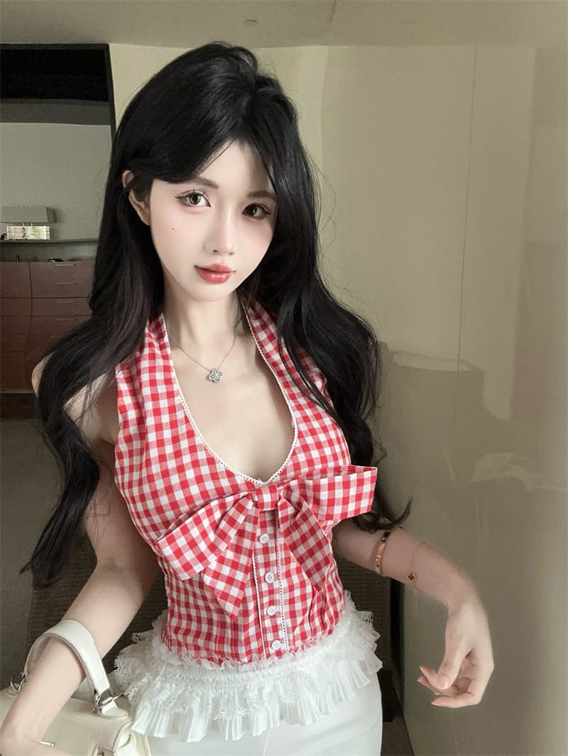실사 정가 순수한 욕망 빨간색 체크무늬 나비 매듭 행침 목 시폰 셔츠 여성 상세 이미지 11