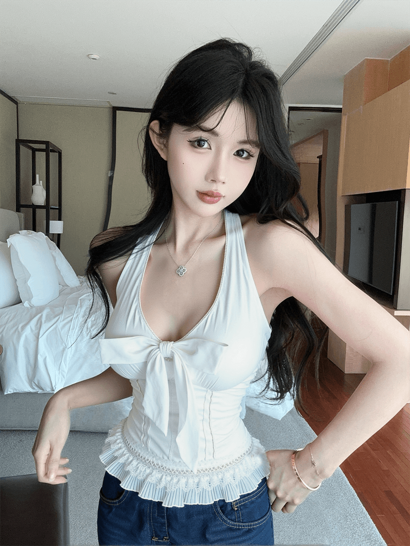 실사 정가 순수한 욕망 빨간색 체크무늬 나비 매듭 행침 목 시폰 셔츠 여성 상세 이미지 15