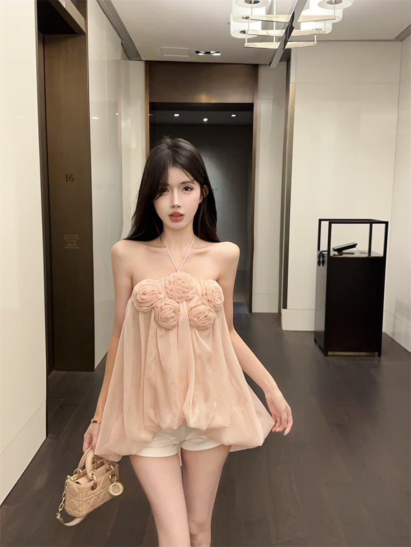 실사 정가 슈퍼 핫걸 행침 목 3 차원 꽃 튜브탑 망사 백리스 맨위 여성 이미지 3