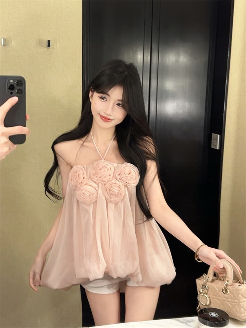 실사 정가 슈퍼 핫걸 행침 목 3 차원 꽃 튜브탑 망사 백리스 맨위 여성 상세 이미지 2