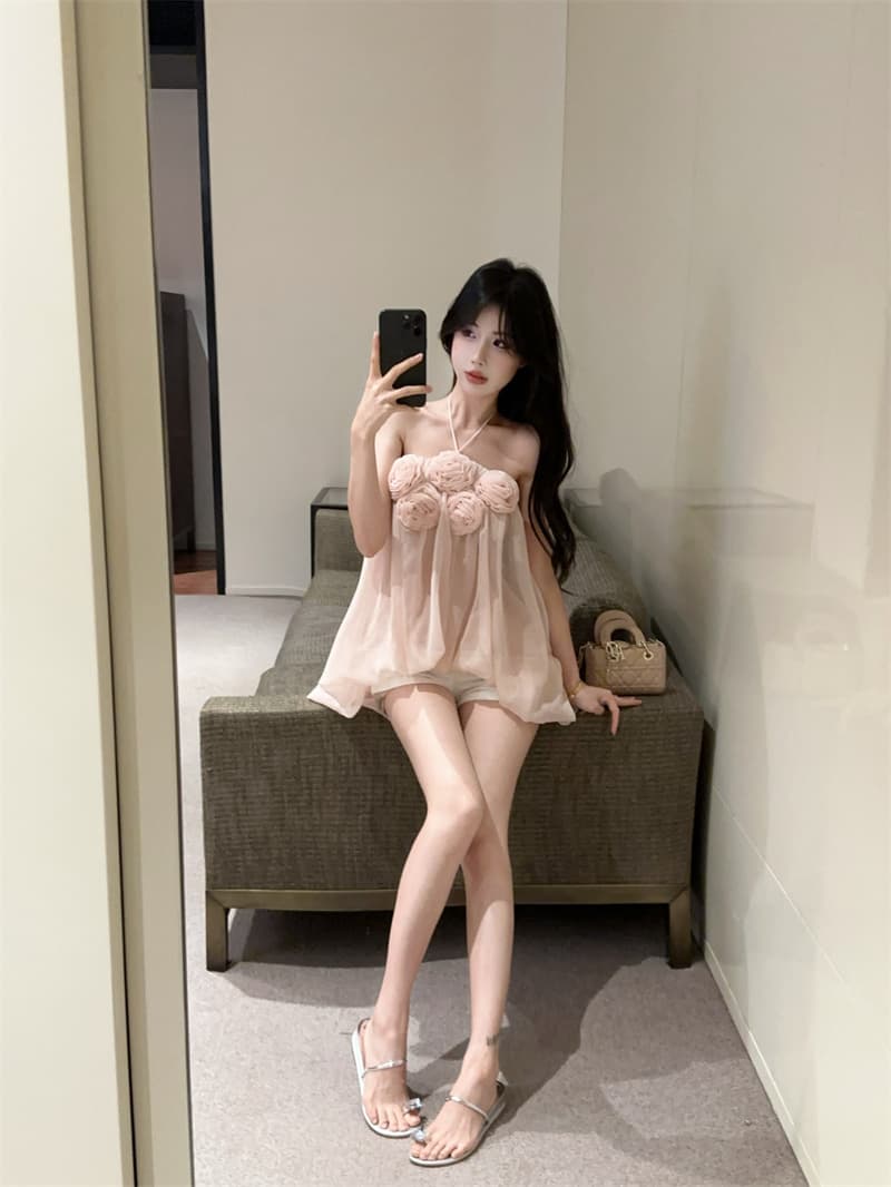 실사 정가 슈퍼 핫걸 행침 목 3 차원 꽃 튜브탑 망사 백리스 맨위 여성 상세 이미지 9