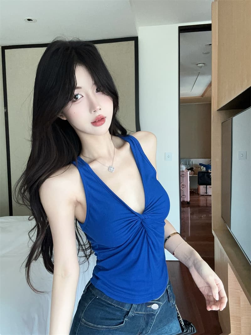 실사 정가 섹시함 핫걸 V넥 비틀림 민소매 레이스 조각 조끼 여성 상세 이미지 12
