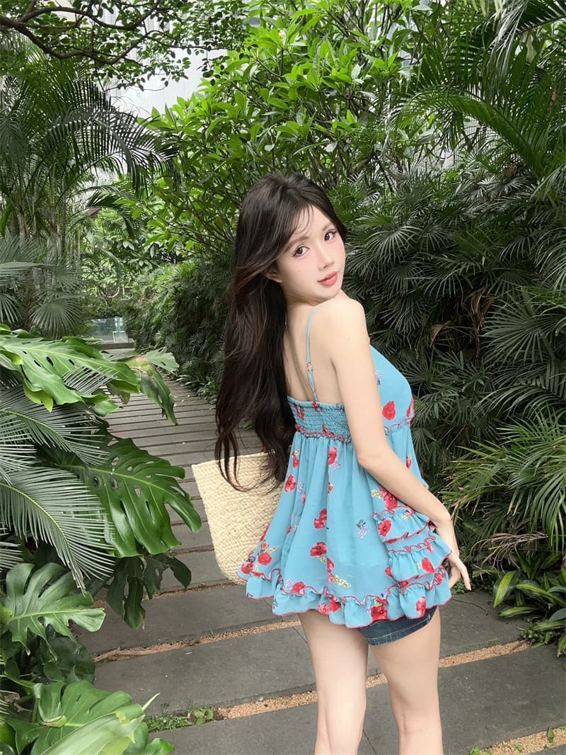실사 핫걸 바람 슬림해 보이는 다용도 계층의 감각 꽃무늬 슬립 맨위 여성 상세 이미지 3