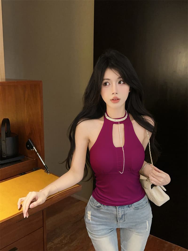 실사 정가 순수한 욕망 바람 섹시함 홀로우 아웃 행침 목 스타일 다이아몬드 세팅 몸매 가꾸기 조끼 튜브탑 여성 이미지 4