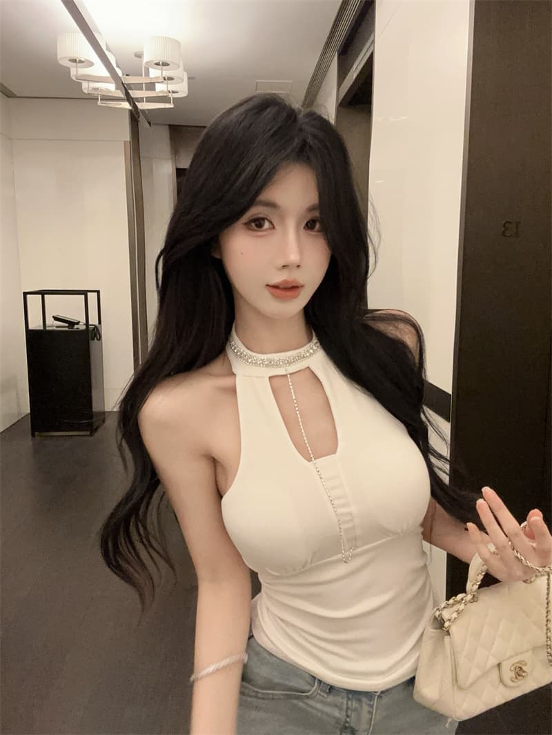 실사 정가 순수한 욕망 바람 섹시함 홀로우 아웃 행침 목 스타일 다이아몬드 세팅 몸매 가꾸기 조끼 튜브탑 여성 상세 이미지 3
