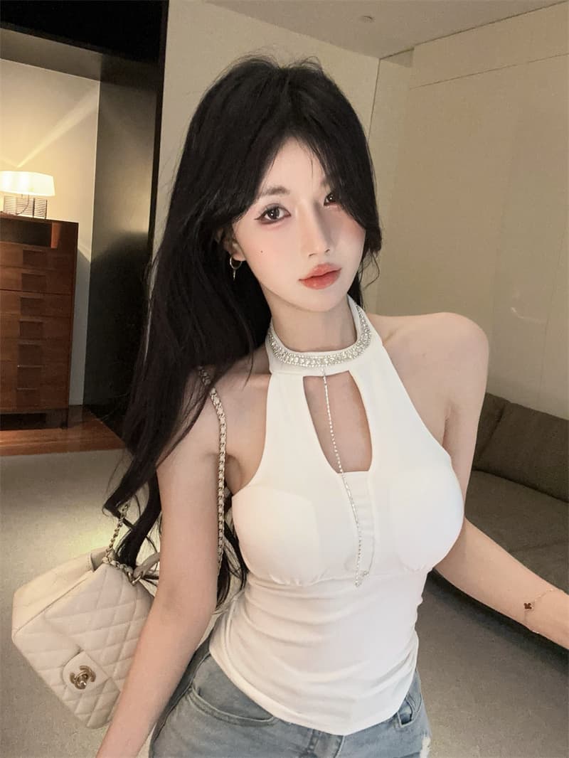 실사 정가 순수한 욕망 바람 섹시함 홀로우 아웃 행침 목 스타일 다이아몬드 세팅 몸매 가꾸기 조끼 튜브탑 여성 상세 이미지 7