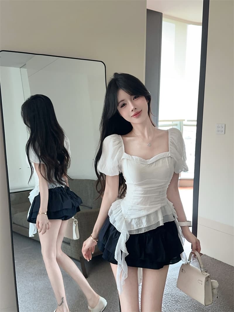 실사 광장 칼라 거품 소매 슈퍼 요정 불규칙 리본 꼬집기 허리 셔츠 맨위 여성 이미지 2