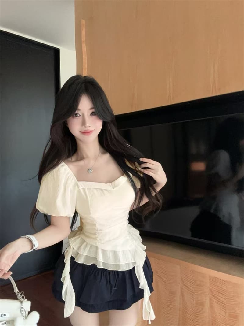 실사 광장 칼라 거품 소매 슈퍼 요정 불규칙 리본 꼬집기 허리 셔츠 맨위 여성 이미지 4