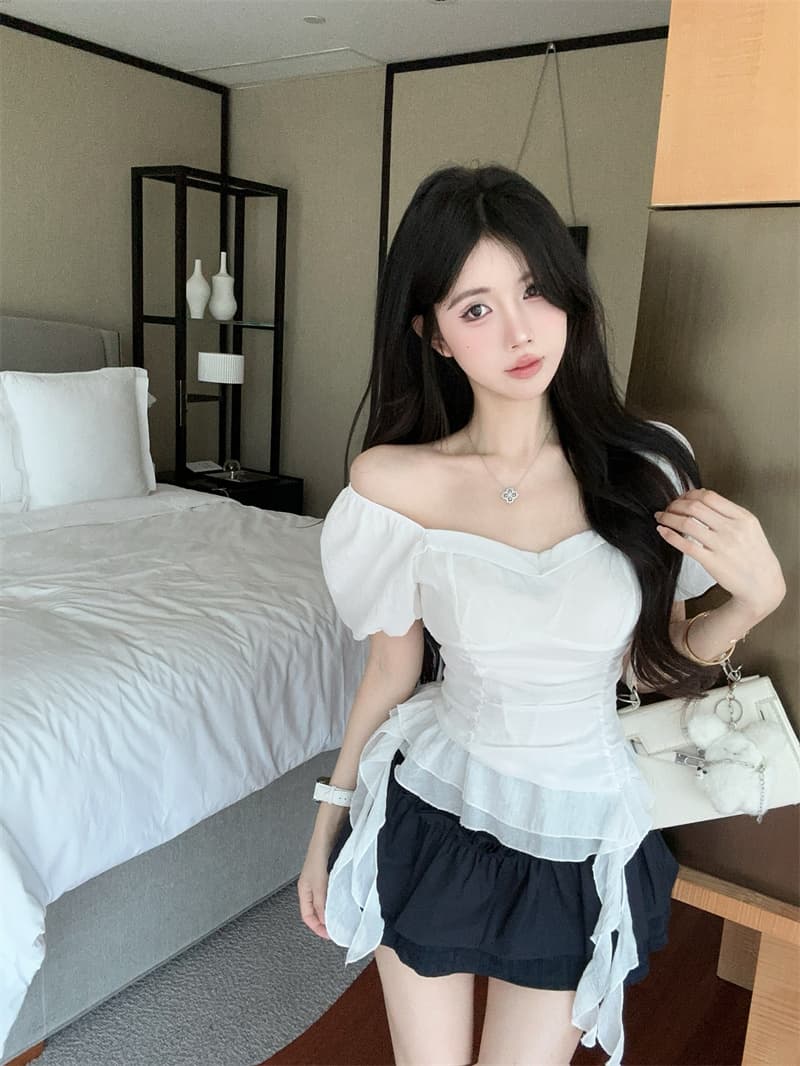 실사 광장 칼라 거품 소매 슈퍼 요정 불규칙 리본 꼬집기 허리 셔츠 맨위 여성 상세 이미지 3