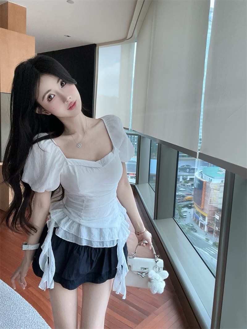 실사 광장 칼라 거품 소매 슈퍼 요정 불규칙 리본 꼬집기 허리 셔츠 맨위 여성 상세 이미지 4