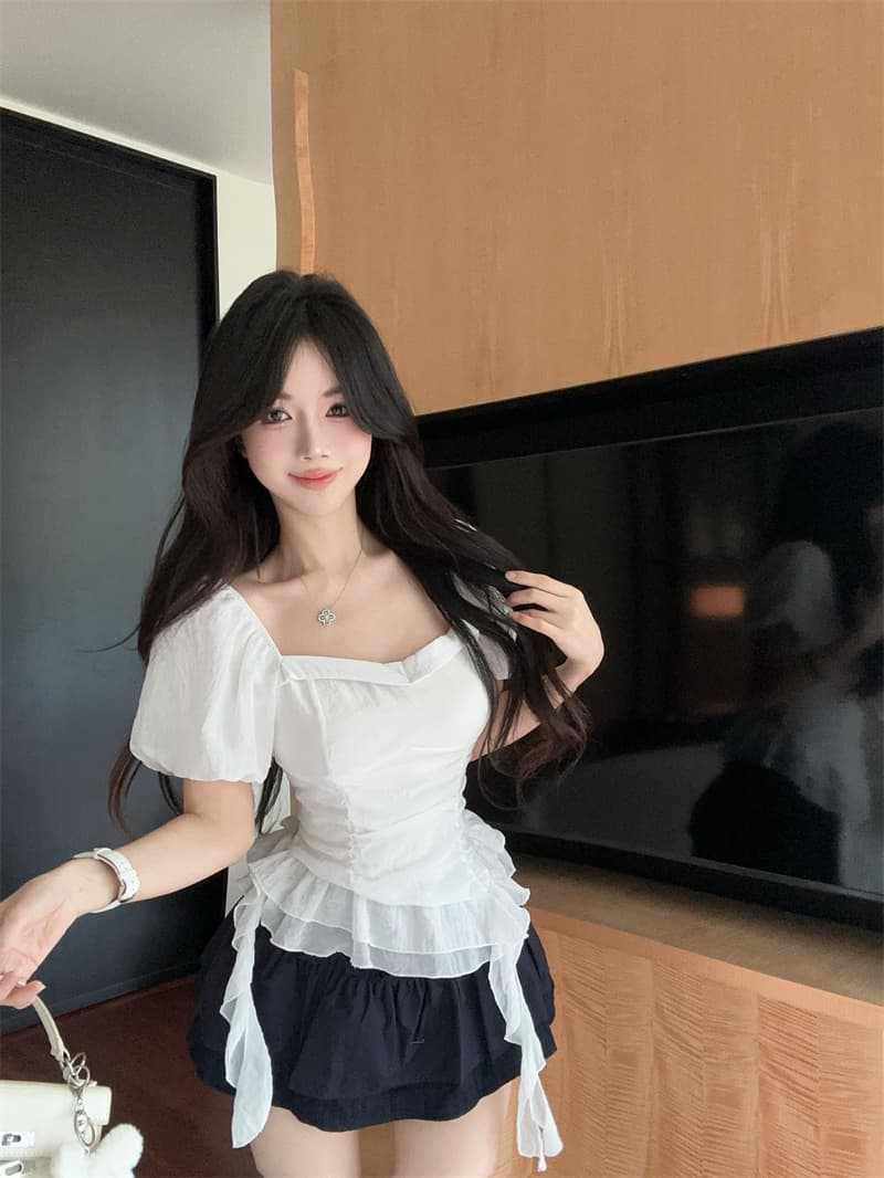 실사 광장 칼라 거품 소매 슈퍼 요정 불규칙 리본 꼬집기 허리 셔츠 맨위 여성 상세 이미지 5