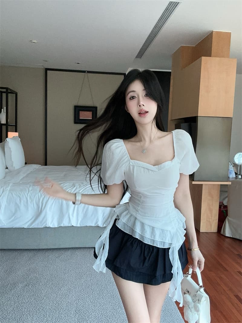 실사 광장 칼라 거품 소매 슈퍼 요정 불규칙 리본 꼬집기 허리 셔츠 맨위 여성 상세 이미지 6