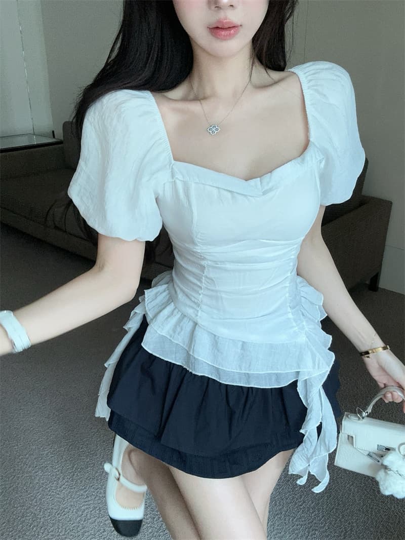실사 광장 칼라 거품 소매 슈퍼 요정 불규칙 리본 꼬집기 허리 셔츠 맨위 여성 상세 이미지 7